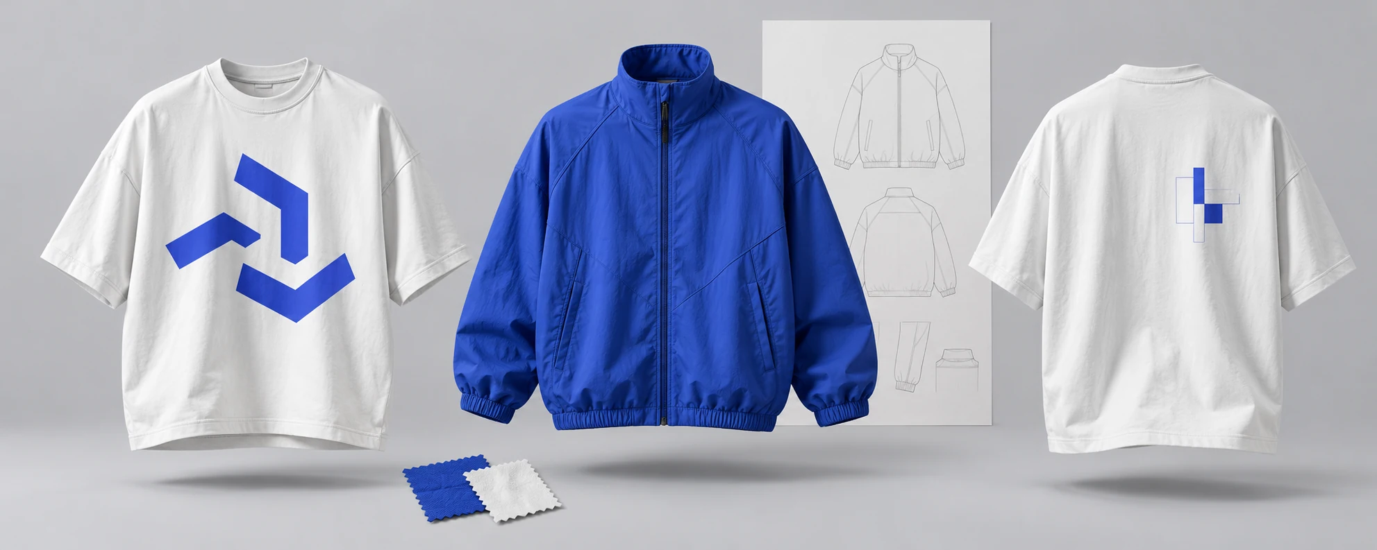 Illustrative white and cobalt apparel concepts with garment construction sketches and fabric swatches
